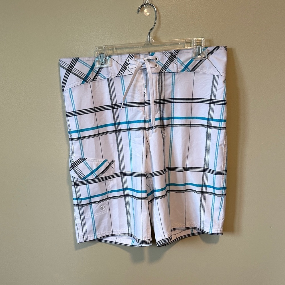 Mossimo Supply Co White Plaid Swim Shorts with Teal & Black Stripes-Size 34
